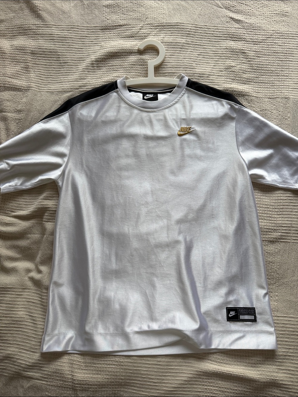 Nike White Short-Sleeve Crew with Black Shoulder Panels and Gold Logo